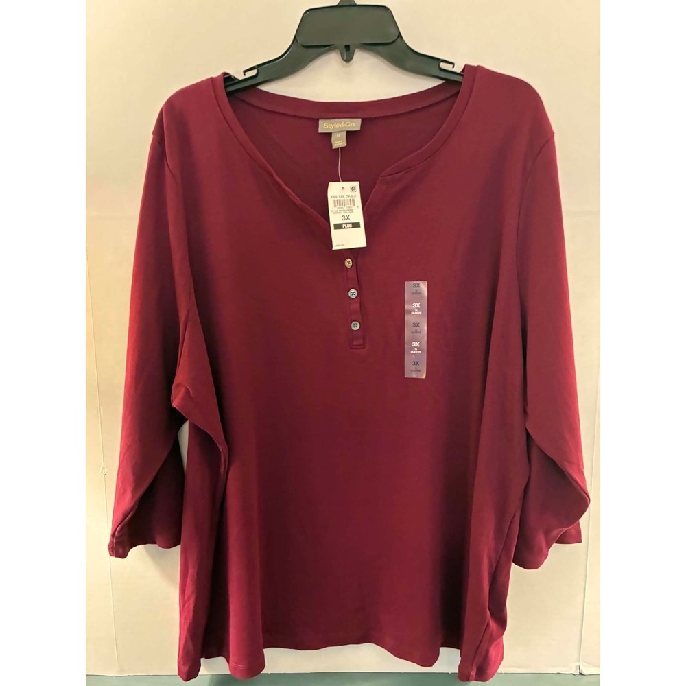 Style & Co Womens 3X Burgundy Henley Top 3/4 Sleeve Plus Size Casual NWT - Picture 1 of 5